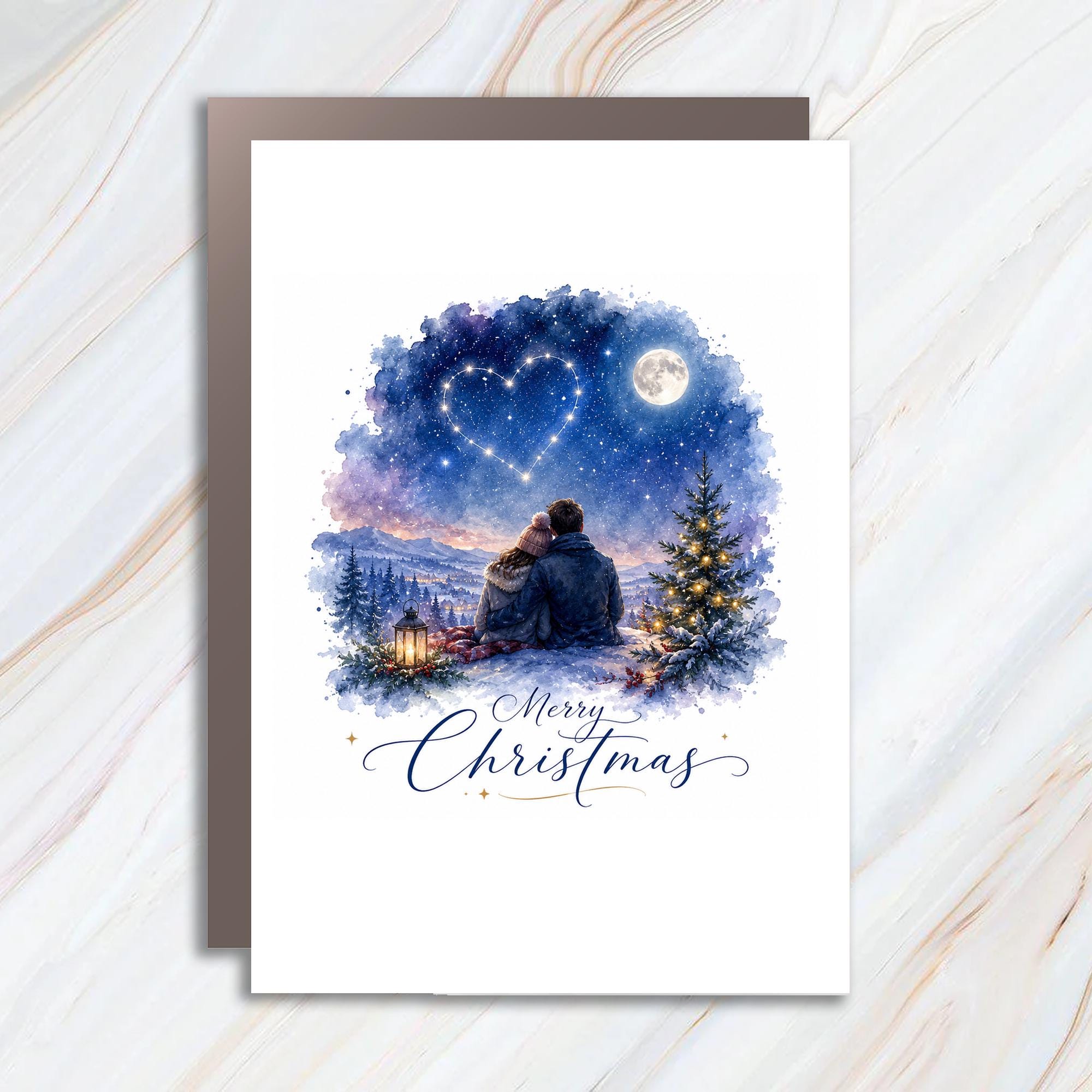 Merry Christmas Romantic Christmas Card Couple Under Starry Sky Heart Winter Scene Holiday Greeting Card For Loved Ones C1233