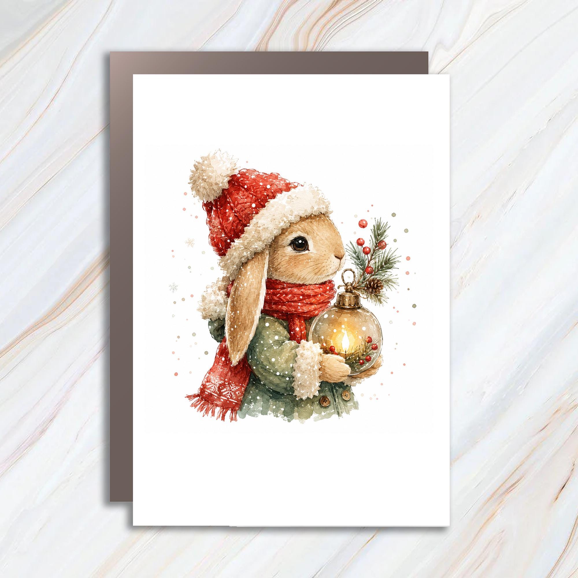 Cute Bunny Christmas Card Watercolor Animal Greeting Card Holiday Card For Kids Winter Wonderland Art Festive Rabbit C1236