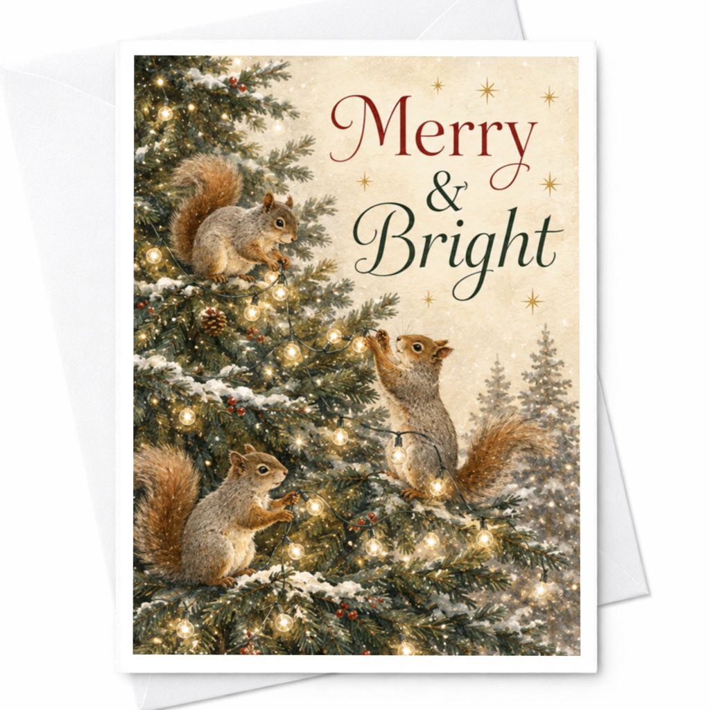 Merry & Bright Christmas Card Cute Squirrels Holiday Greeting Card Festive Woodland Animals Xmas Card For Nature Lovers C5595