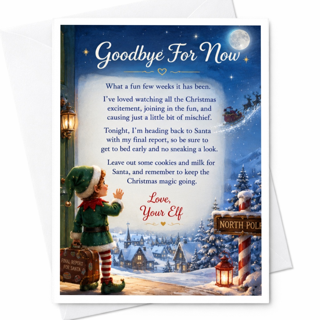 Goodbye For Now Christmas Card Elf With Suitcase Cute Holiday Greeting Card From Your Elf Magical Christmas Eve C5596