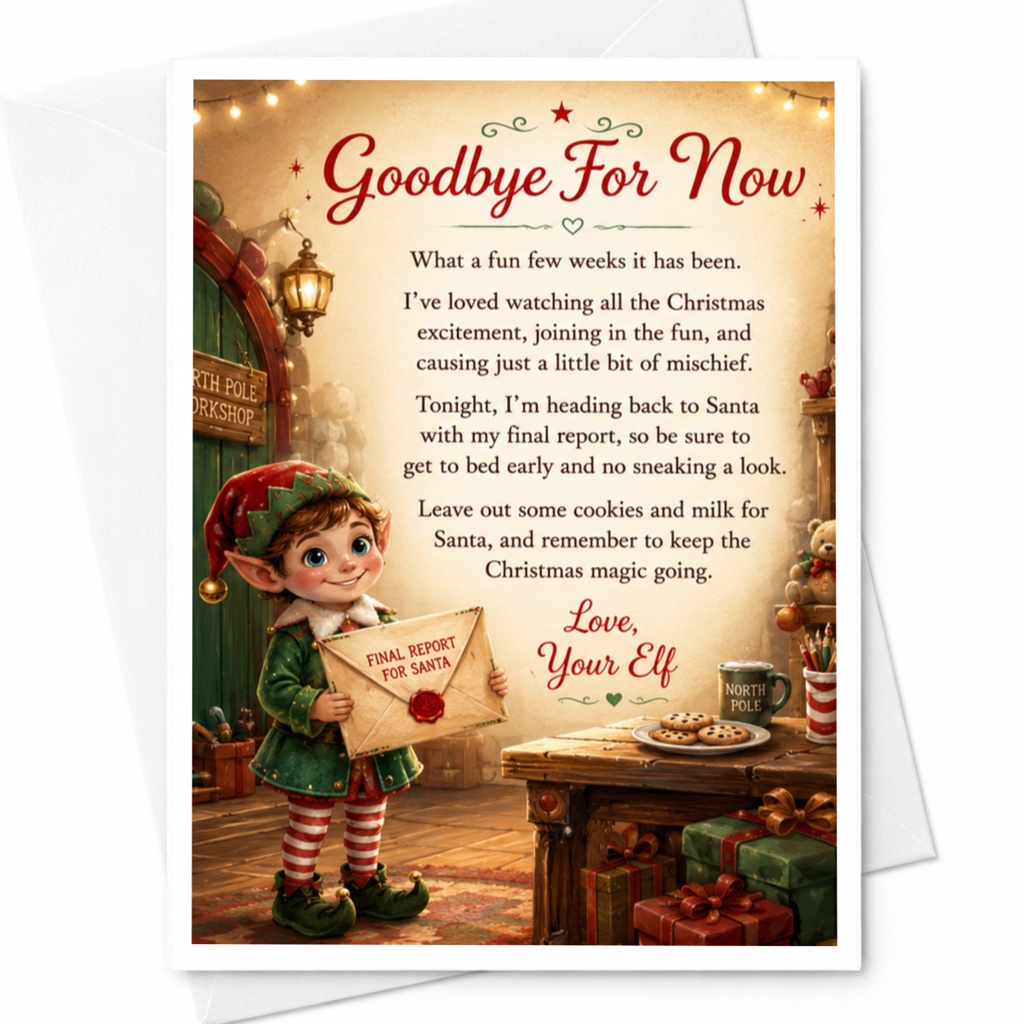 Goodbye For Now Christmas Card Elf Final Report For Santa Cute Holiday Greeting Card For Kids Magical Christmas Fun C5597