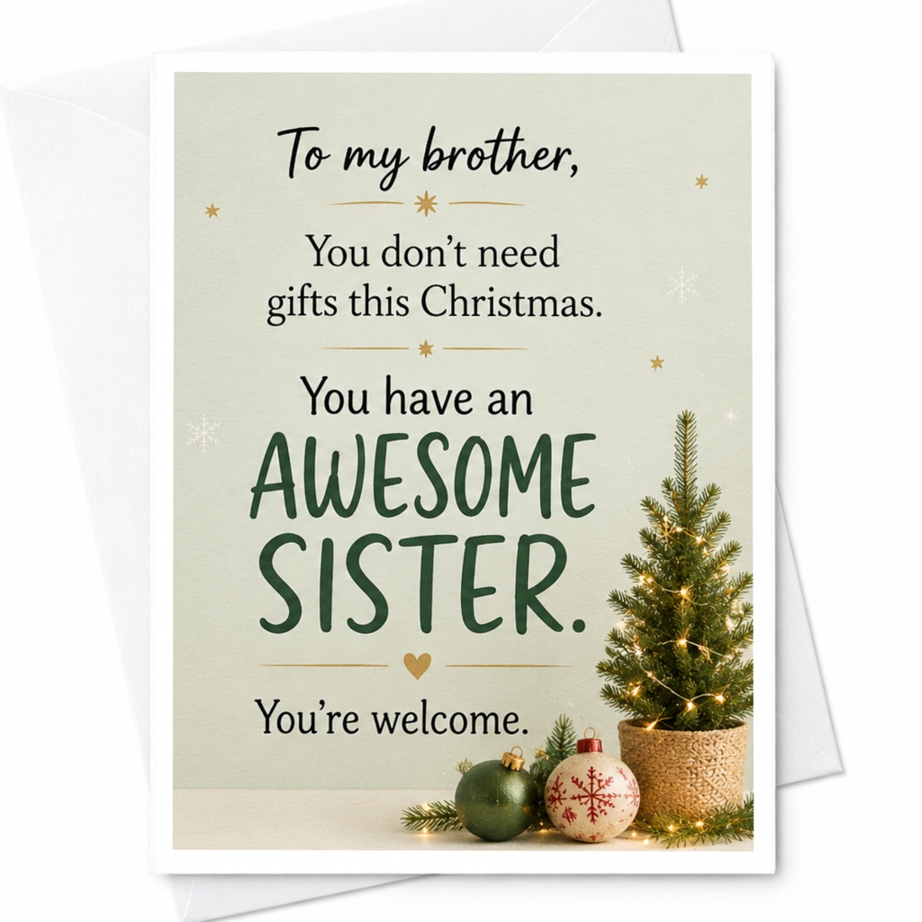 To My Brother You Don’t Need Gifts This Christmas Awesome Sister Funny Christmas Card For Brother From Sister Holiday Greeting C5598