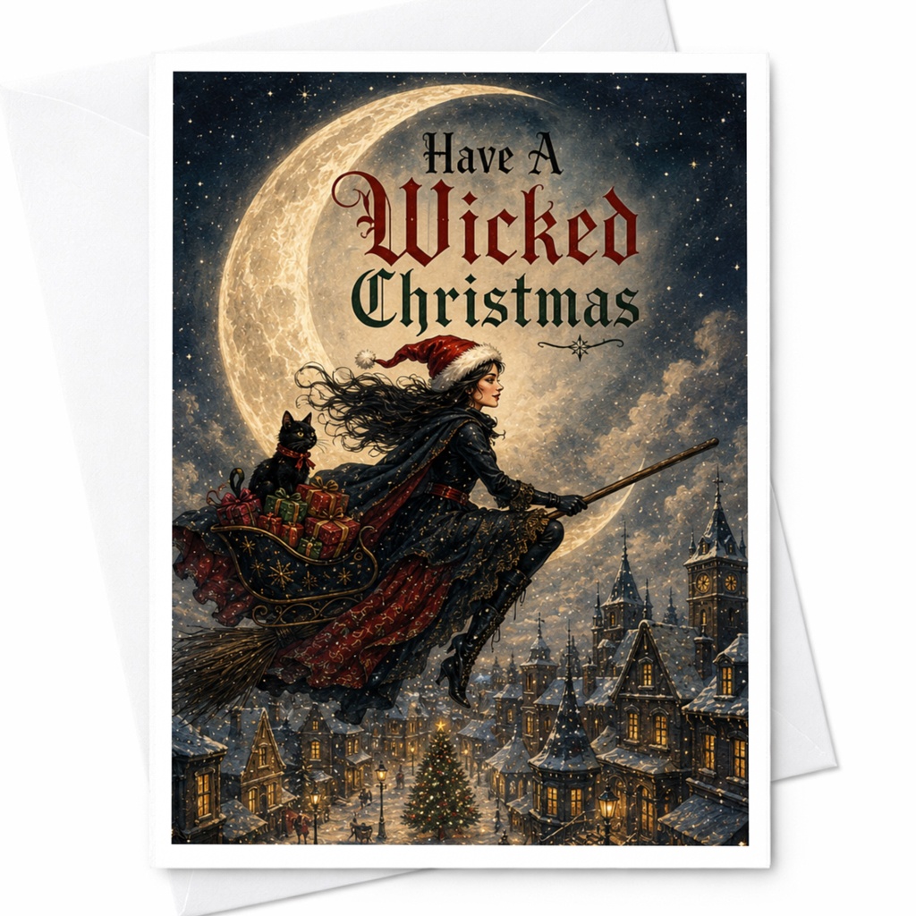 Have A Wicked Christmas Card Witch On Broom With Cat Holiday Greeting Card For Her Unique Christmas Card Magical Winter Scene C5606