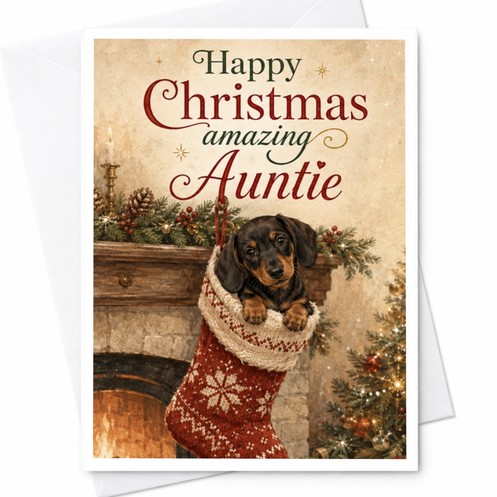 Happy Christmas Amazing Auntie Christmas Card Cute Dog In Stocking Holiday Greeting Card For Aunt Festive Xmas Card C5609