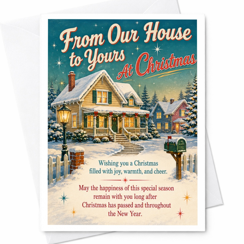 From Our House To Yours At Christmas Holiday Greeting Card Festive Christmas Card For Family And Friends Cozy Winter Scene C5612