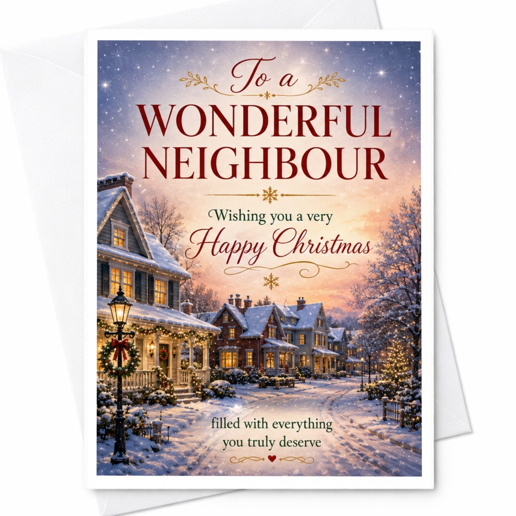 To A Wonderful Neighbour Happy Christmas Card Festive Holiday Greeting Card Winter Village Scene For Neighbor Xmas Wishes C5617