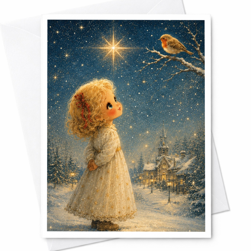 Christmas Card Cute Girl Starry Night Winter Scene Holiday Greeting Card For Her Child Whimsical Art Robin Bird C5620