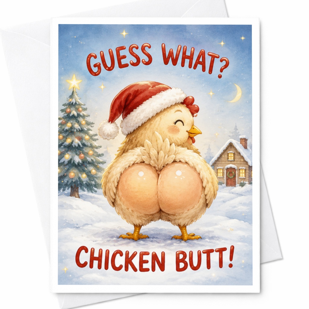 Guess What? Chicken Butt! Funny Christmas Card Cute Chicken Santa Hat Holiday Greeting Card For Friends Family C5623