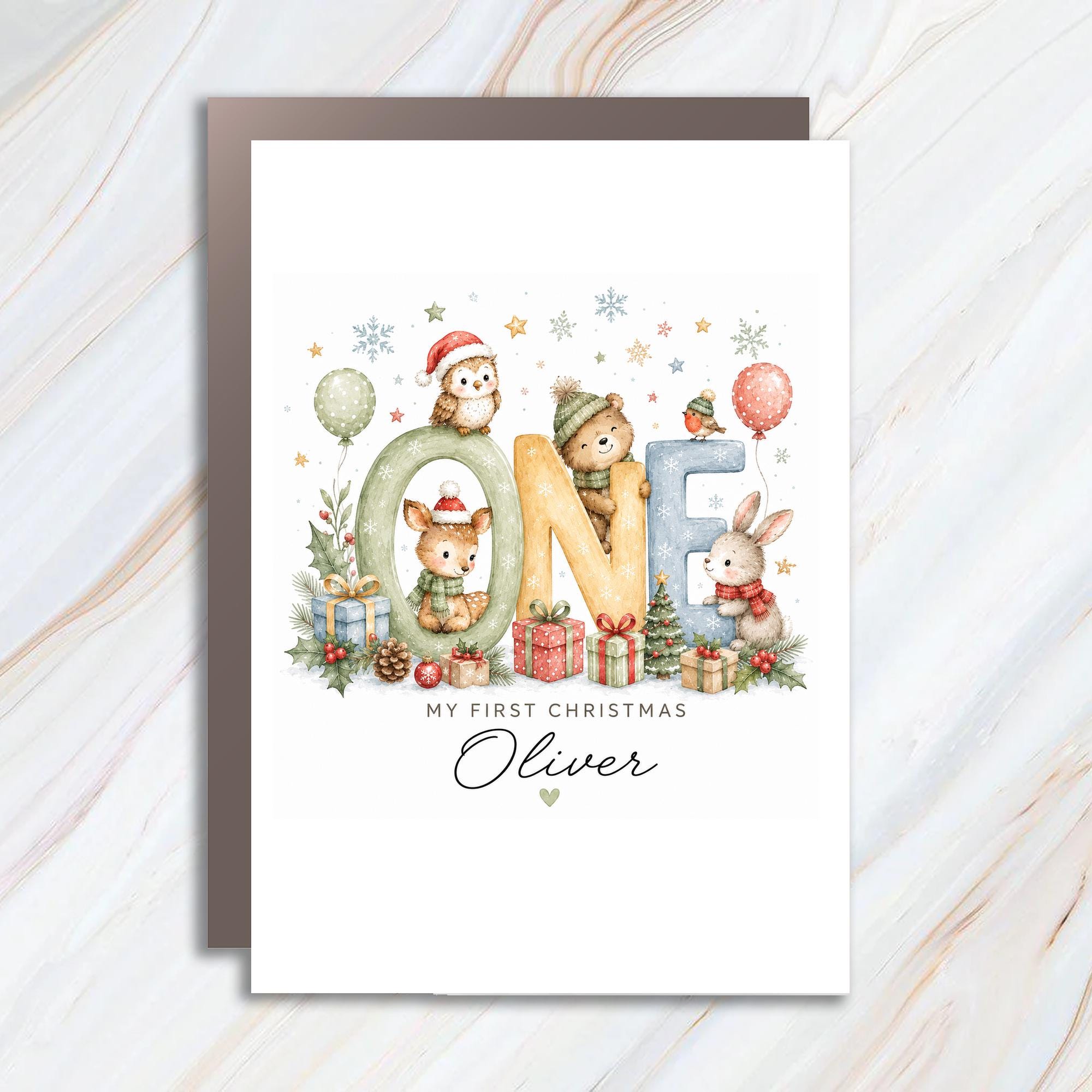 My First Christmas Personalized Christmas Card Cute Animal 1st Christmas Card For Baby Holiday Greeting Card C1230