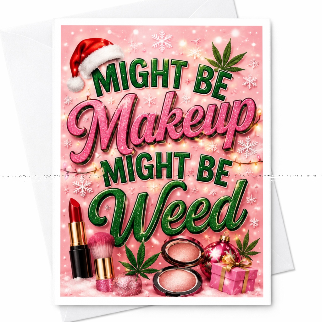 Might Be Makeup Might Be Weed Funny Christmas Card Makeup Lover Holiday Greeting Card Cute Cannabis Theme For Her C5631