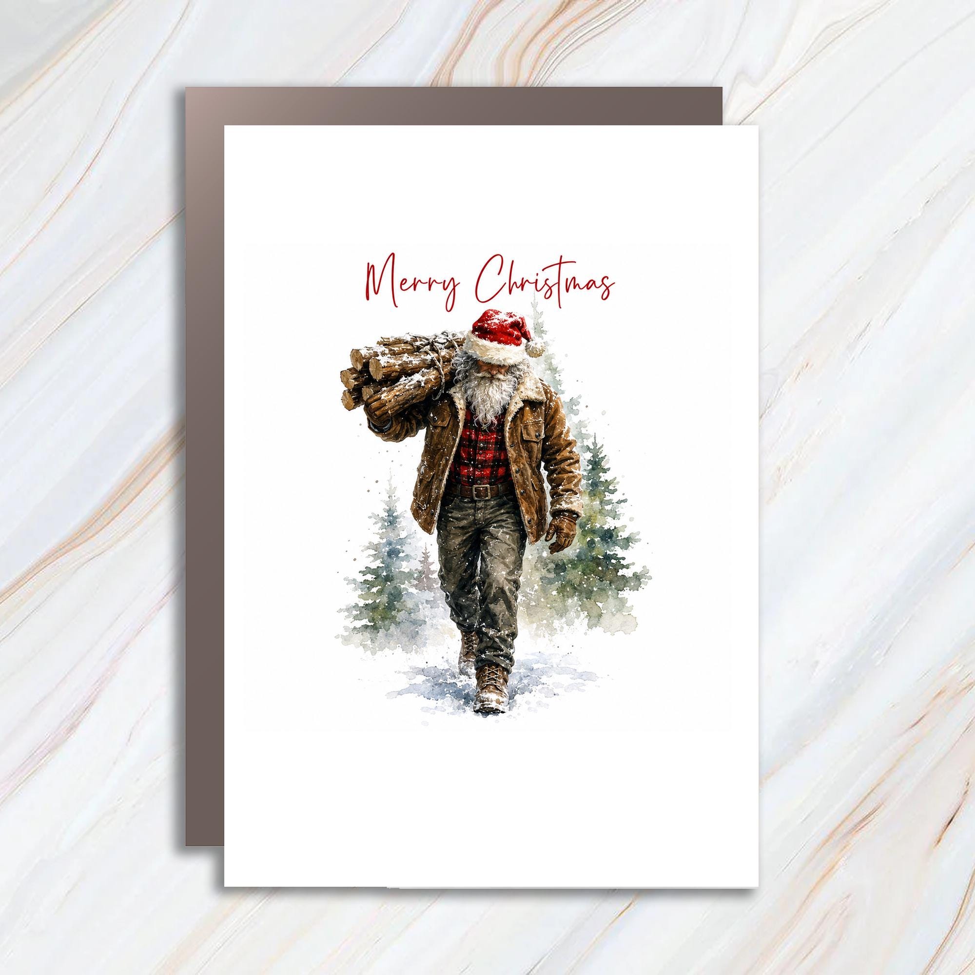 Merry Christmas Santa Carrying Logs Christmas Card Rustic Holiday Greeting Card For Him Winter Scene Festive Card C1234