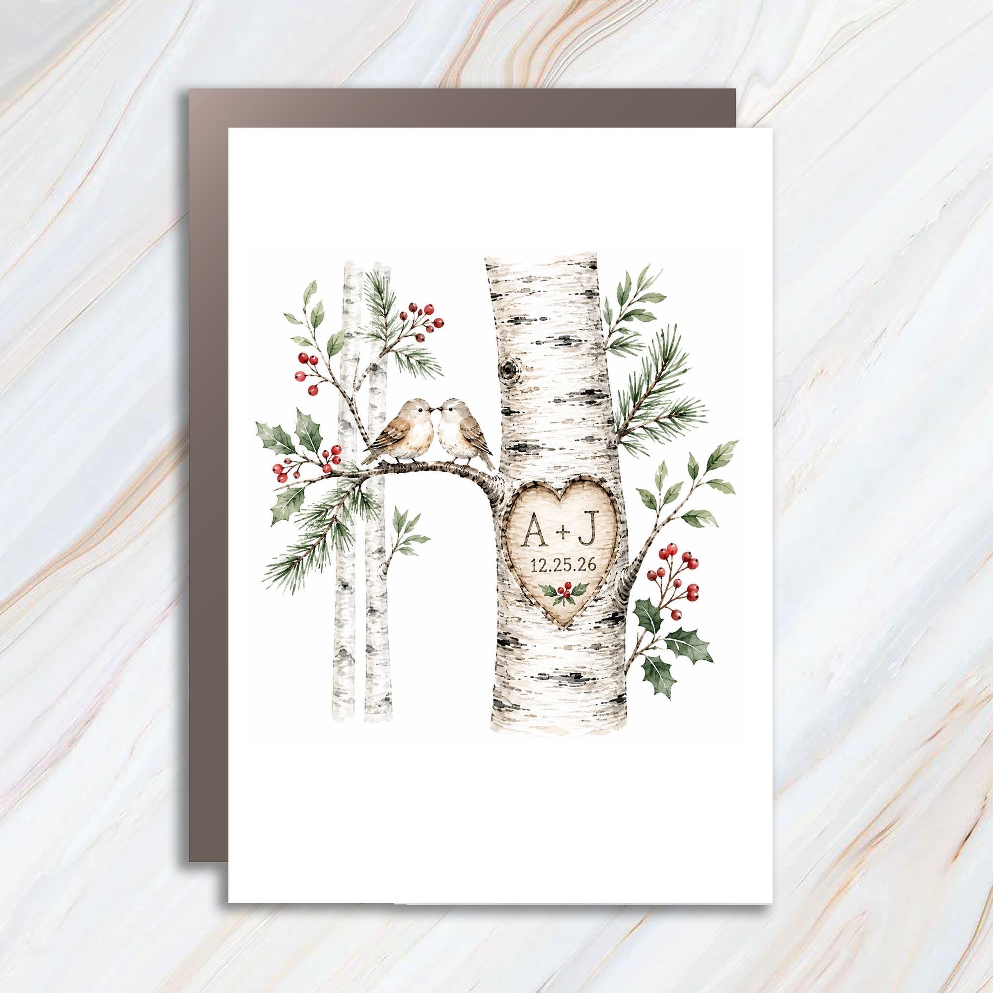 Personalized Christmas Card Romantic Anniversary Card Custom Initials Love Birds Nature Theme C1238