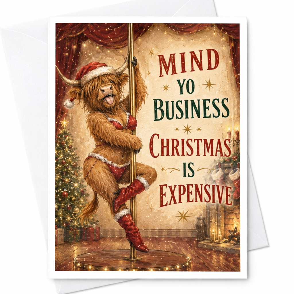 Mind Yo Business Christmas Is Expensive Funny Christmas Card Holiday Greeting Card Santa Cow Xmas Card C5585