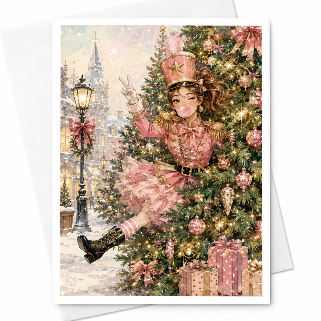 Pink Nutcracker With Bubblegum Christmas Card Whimsical Holiday Greeting Card Cute Festive For Her Fun Xmas Card C5588