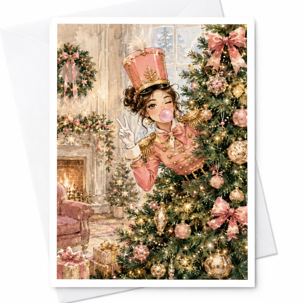 Pink Nutcracker With Bubblegum Christmas Card Funny Holiday Greeting Card Cute Xmas Card For Her Whimsical Festive C5589