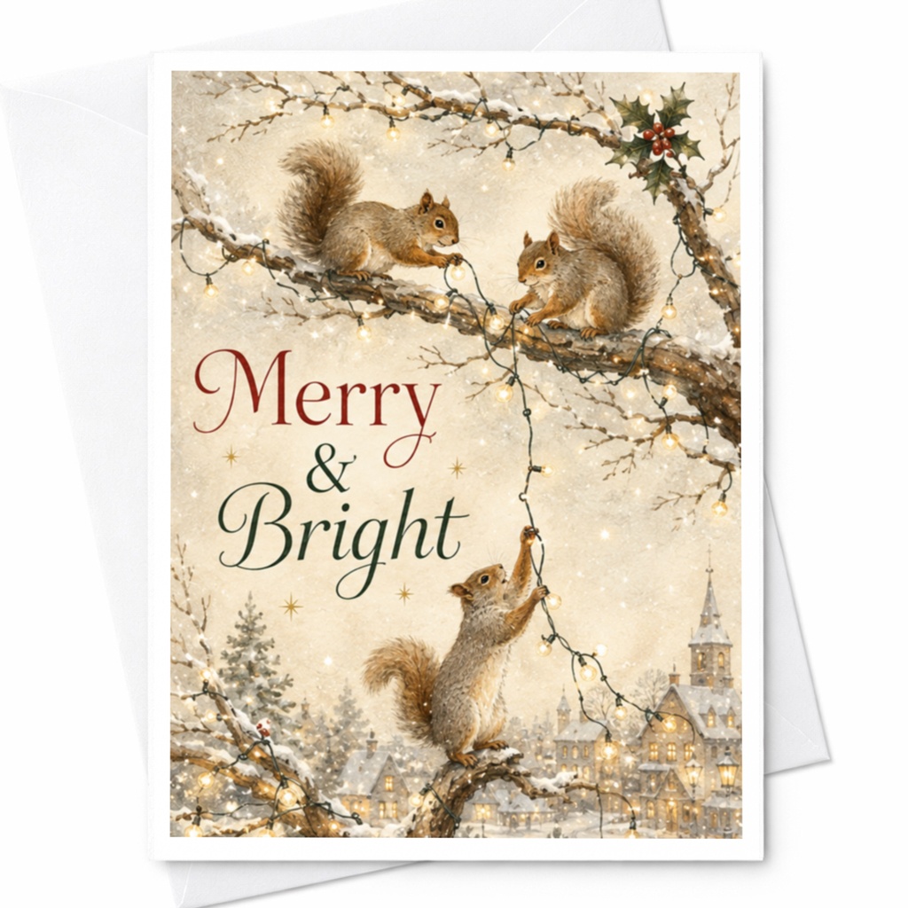 Merry & Bright Christmas Card Cute Squirrel Holiday Greeting Card Woodland Animal Winter Scene Festive Lights For Nature Lover C5594