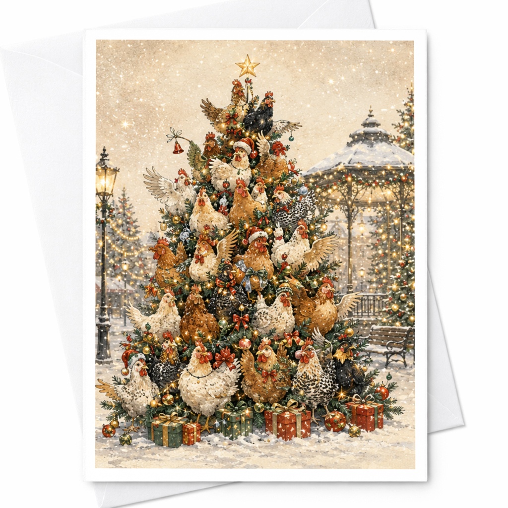 Chickens On Christmas Tree Funny Holiday Card Festive Greeting Card For Family Farm Animal Lover Seasonal Celebration C5600