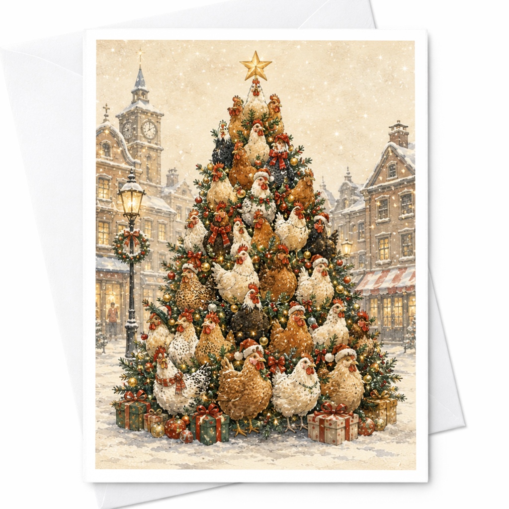Chickens Christmas Tree Card Funny Holiday Greeting Card For Family Farm Animal Lover Seasonal Festive Card Cute Winter Scene C5601