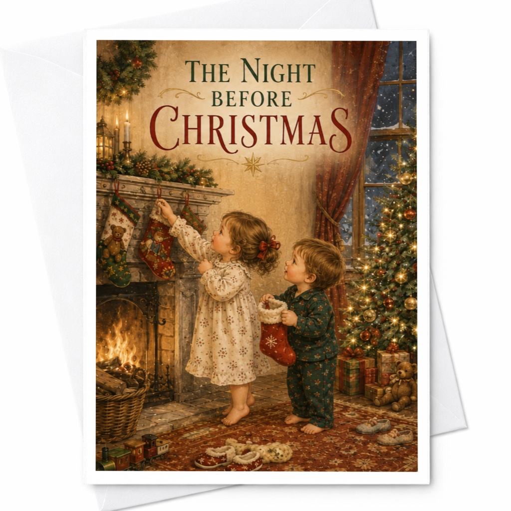 The Night Before Christmas Card Festive Holiday Greeting Card Christmas Eve Celebration For Family Kids Cozy Fireplace Scene C5602