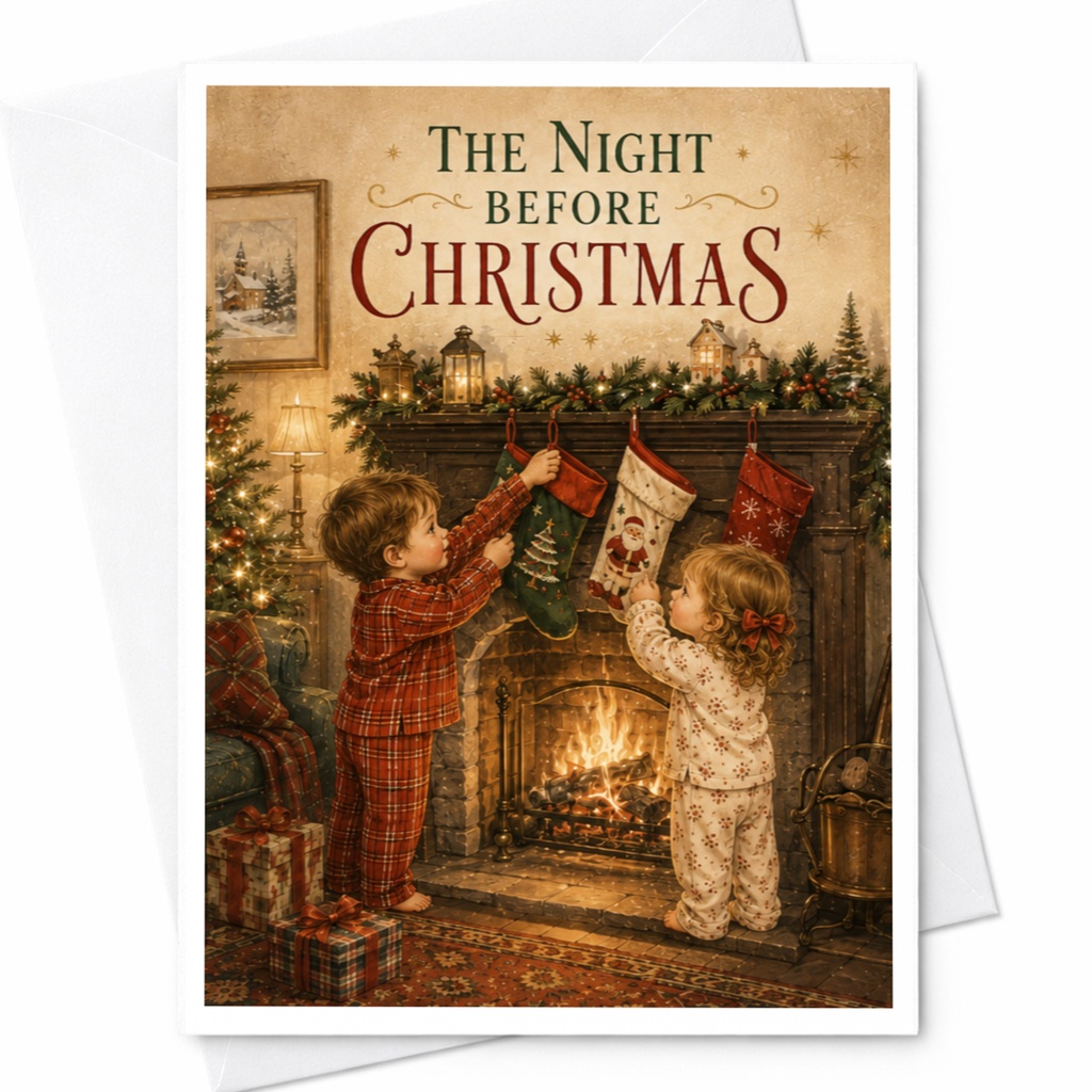 The Night Before Christmas Greeting Card Festive Holiday Card Christmas Card For Family Kids Cozy Fireplace Scene C5603
