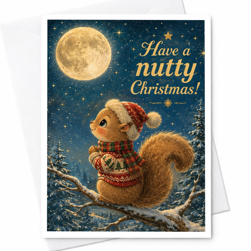 Have A Nutty Christmas! Cute Squirrel Christmas Card Holiday Greeting Card For Friends Family Winter Scene Festive Card C5604