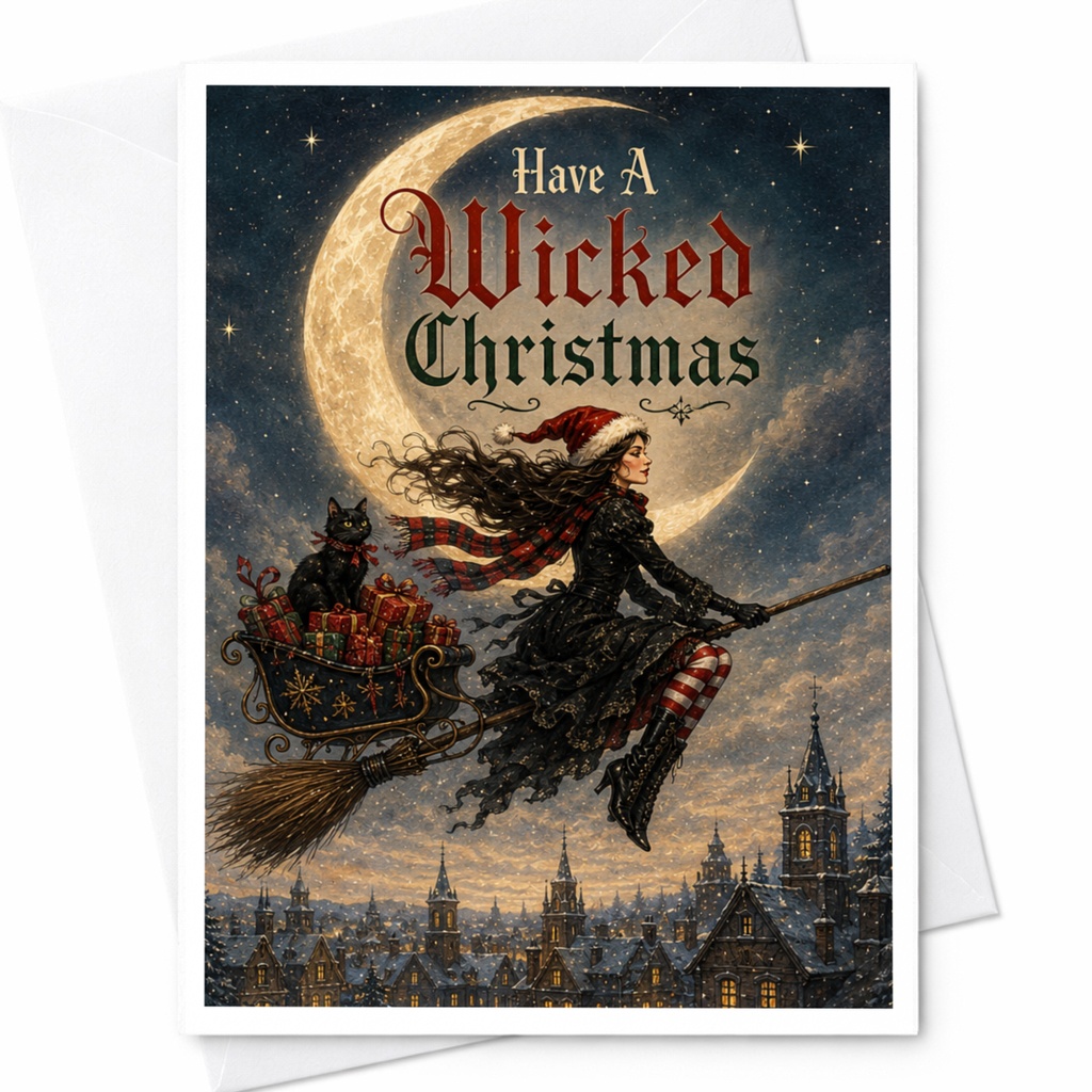 Have A Wicked Christmas Card Witch On Broom With Cat And Gifts Festive Holiday Greeting Card For Friends Family Fun C5607