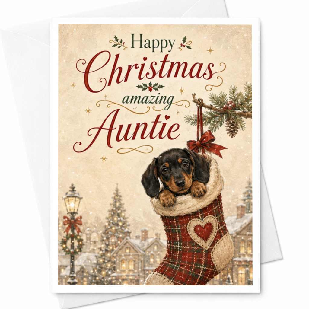 Happy Christmas Amazing Auntie Card Cute Dog In Stocking Christmas Card For Aunt Holiday Greeting Card Festive Xmas Card C5608