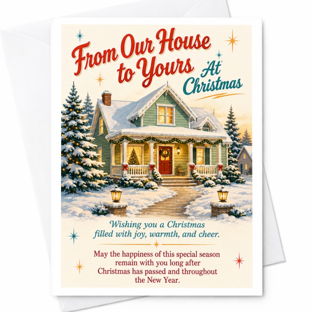 From Our House To Yours At Christmas Holiday Greeting Card Festive Winter Scene Family Friends Warm Wishes Seasonal Cheer C5613
