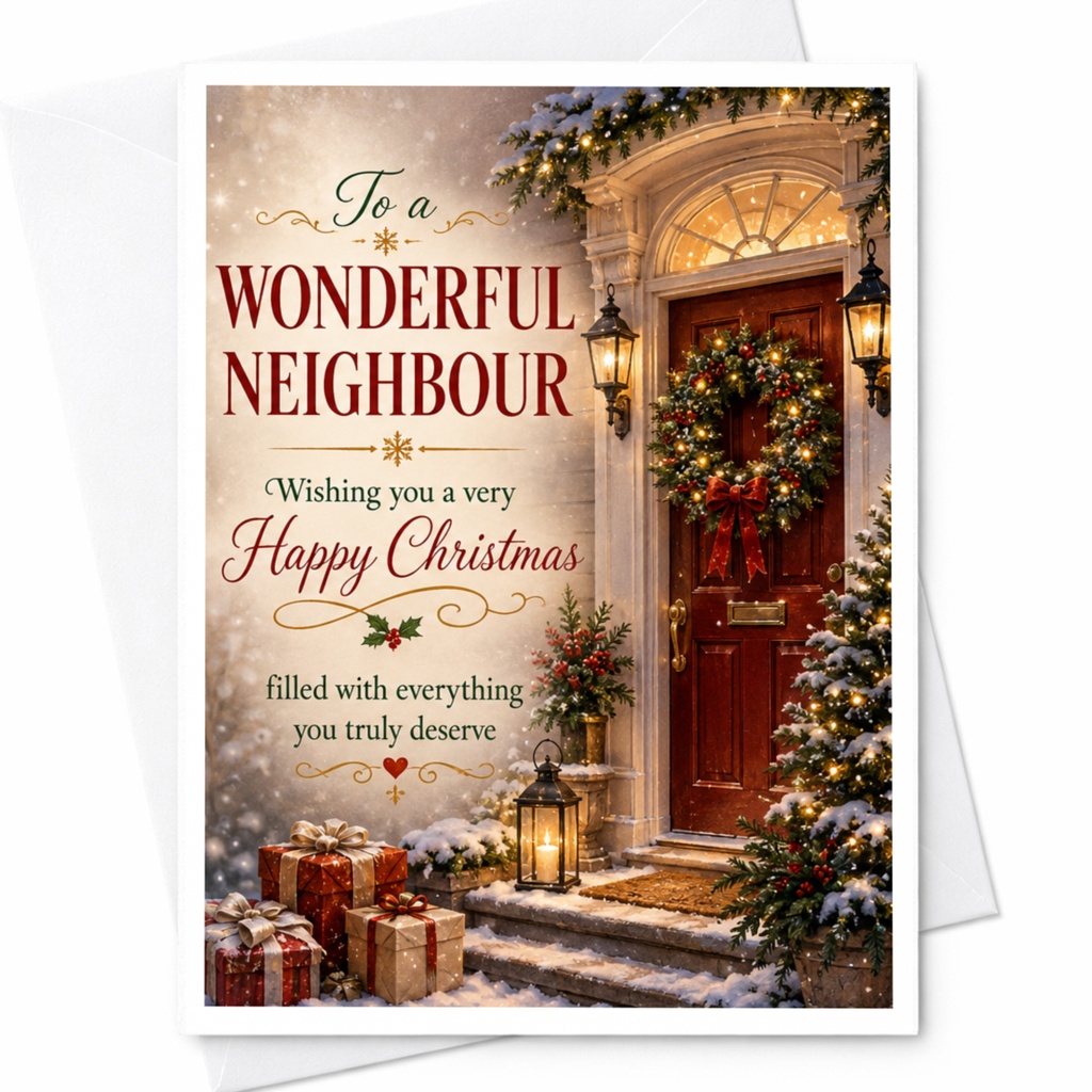 To A Wonderful Neighbour Happy Christmas Card Festive Holiday Greeting Card For Neighbor Seasonal Wishes With Gifts And Wreath C5616