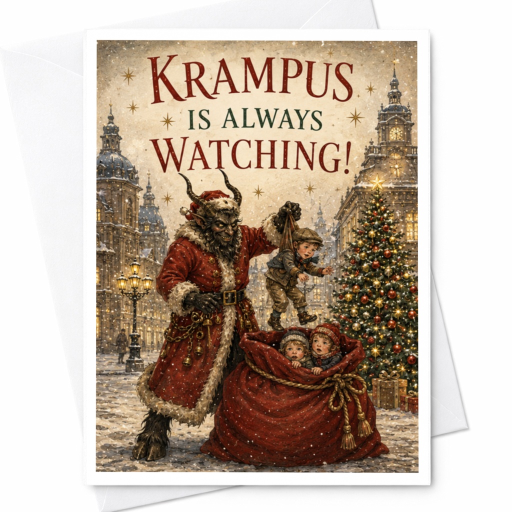 Krampus Is Always Watching! Funny Christmas Card Holiday Greeting Card Festive Krampus For Friends Family Unique Xmas Card C5618