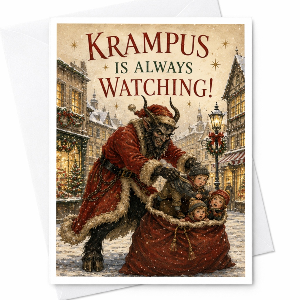 Krampus Is Always Watching! Funny Christmas Card Holiday Greeting Card For Friends Family Unique Festive Krampus C5619