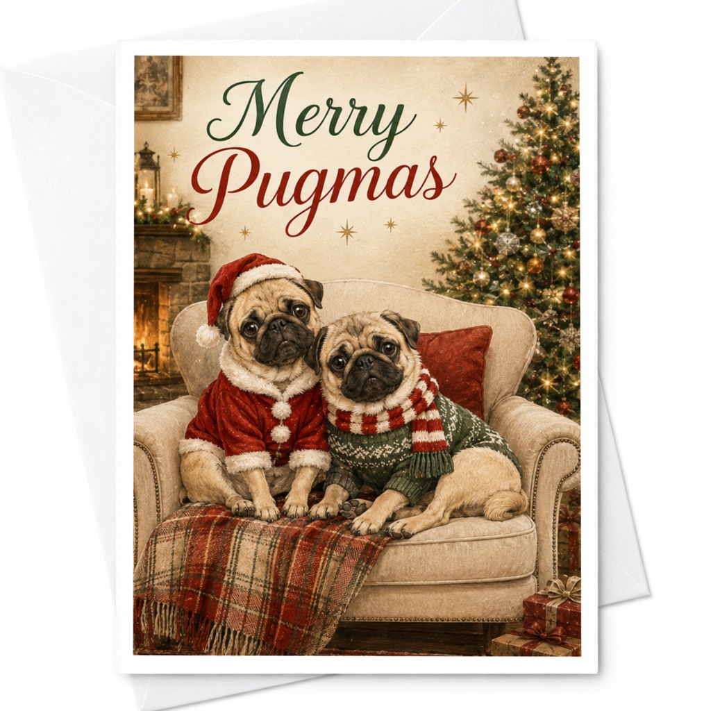 Merry Pugmas Christmas Card Cute Pug Holiday Greeting Card For Dog Lover Festive Pug Card Funny Christmas Card C5653