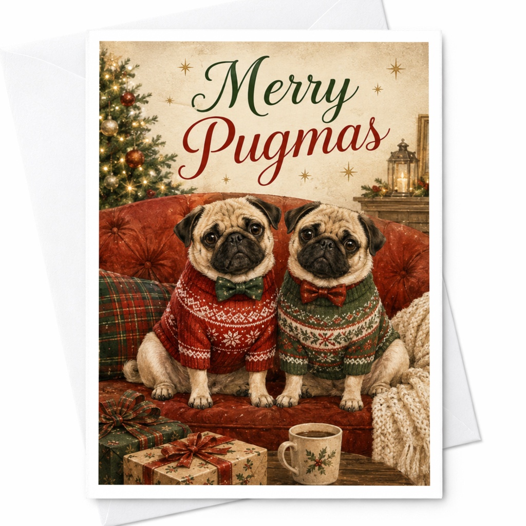 Merry Pugmas Christmas Card Cute Pug Holiday Greeting Card For Dog Lover Festive Sweater Funny Xmas Card C5654