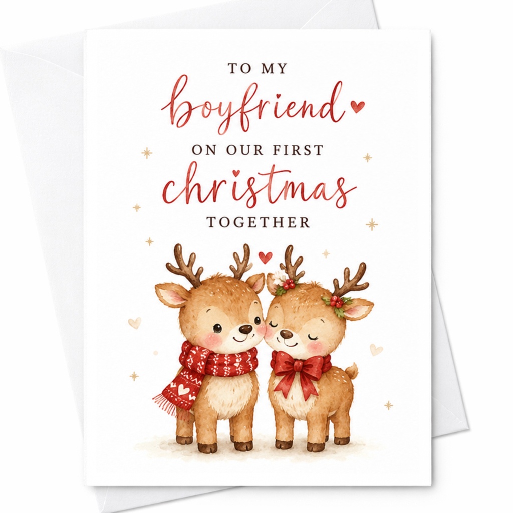 To My Boyfriend On Our First Christmas Together Cute Reindeer Couple Christmas Card For Boyfriend Romantic Holiday Card C5663