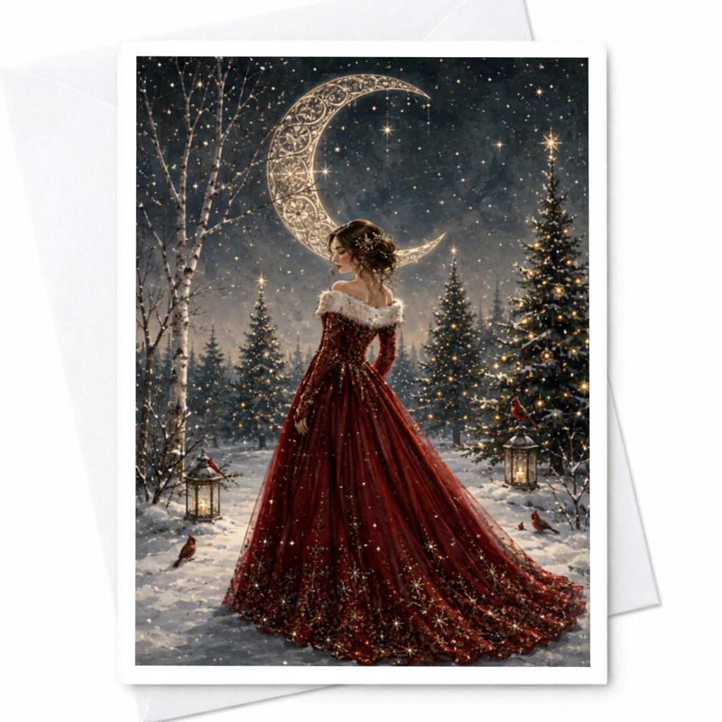Elegant Christmas Greeting Card Woman In Red Dress Winter Scene Holiday Card For Her Festive Moonlit Night Snowy Forest C5666