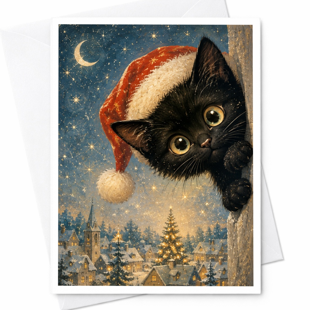 Black Cat In Santa Hat Christmas Card Cute Holiday Greeting Card For Cat Lovers Festive Winter Scene Adorable Animal Card C5667