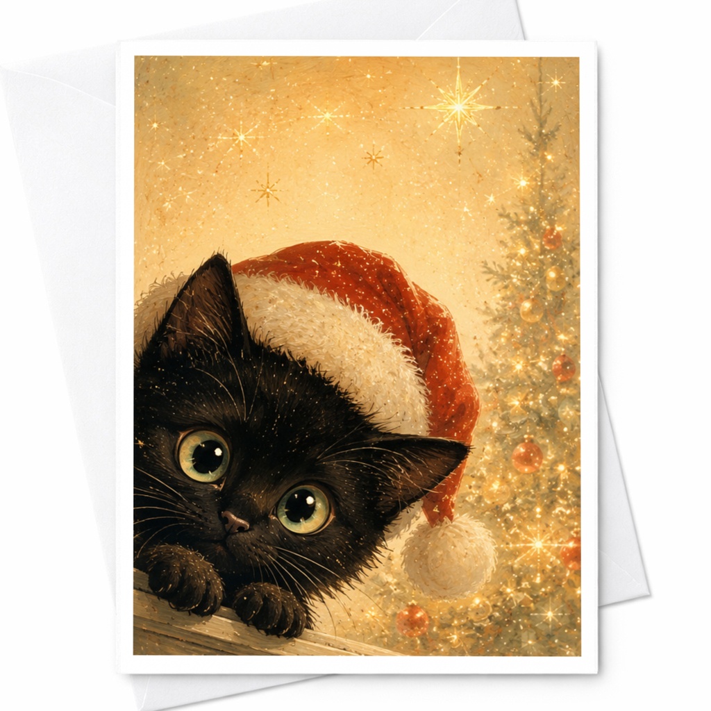 Black Cat In Santa Hat Christmas Card Cute Holiday Greeting Card For Cat Lover Festive Animal Card With Christmas Tree C5668