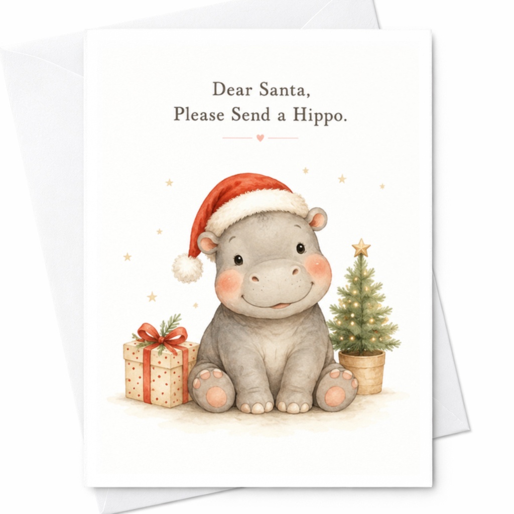 Dear Santa, Please Send A Hippo Christmas Card Cute Hippo Holiday Greeting Card Funny Animal Xmas Card For Kids Family C5674