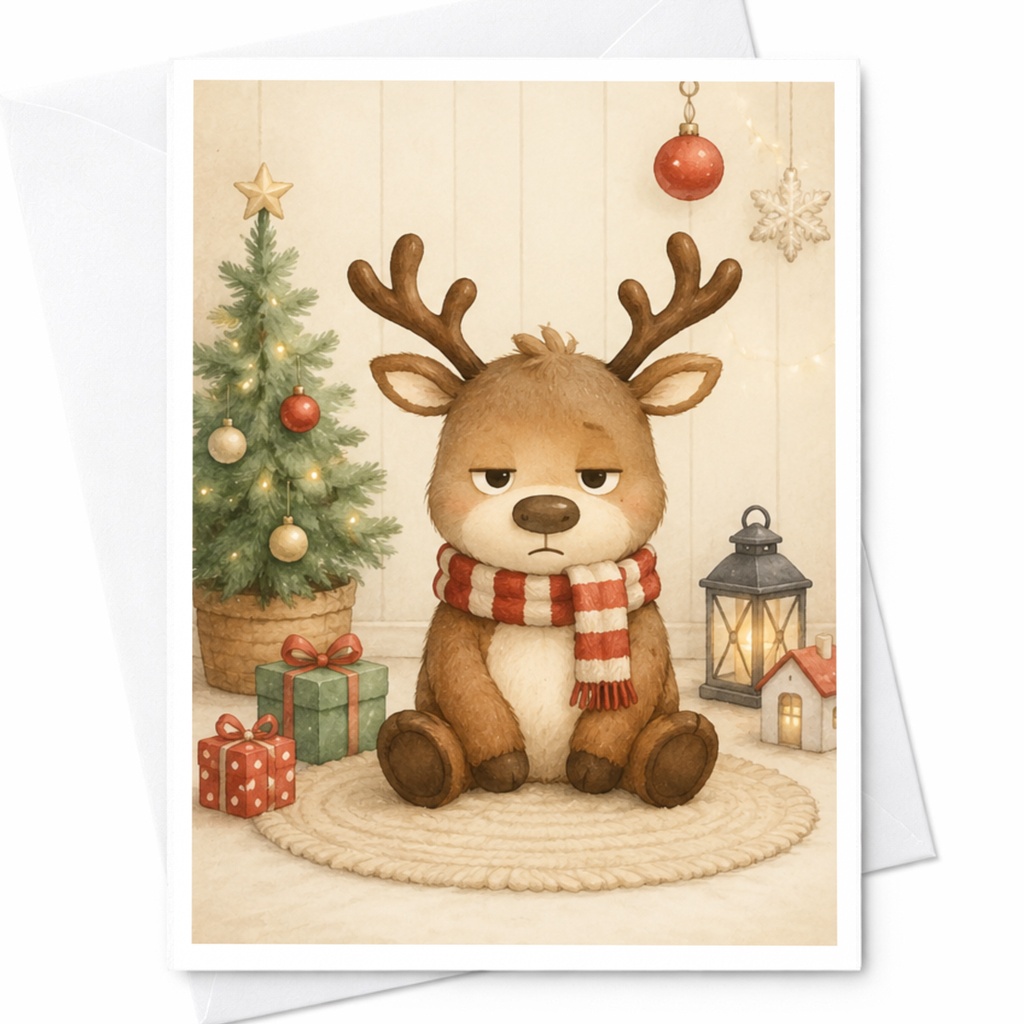Cute Reindeer Christmas Greeting Card Festive Holiday Card For Kids Adorable Animal Card With Tree And Gifts C5687