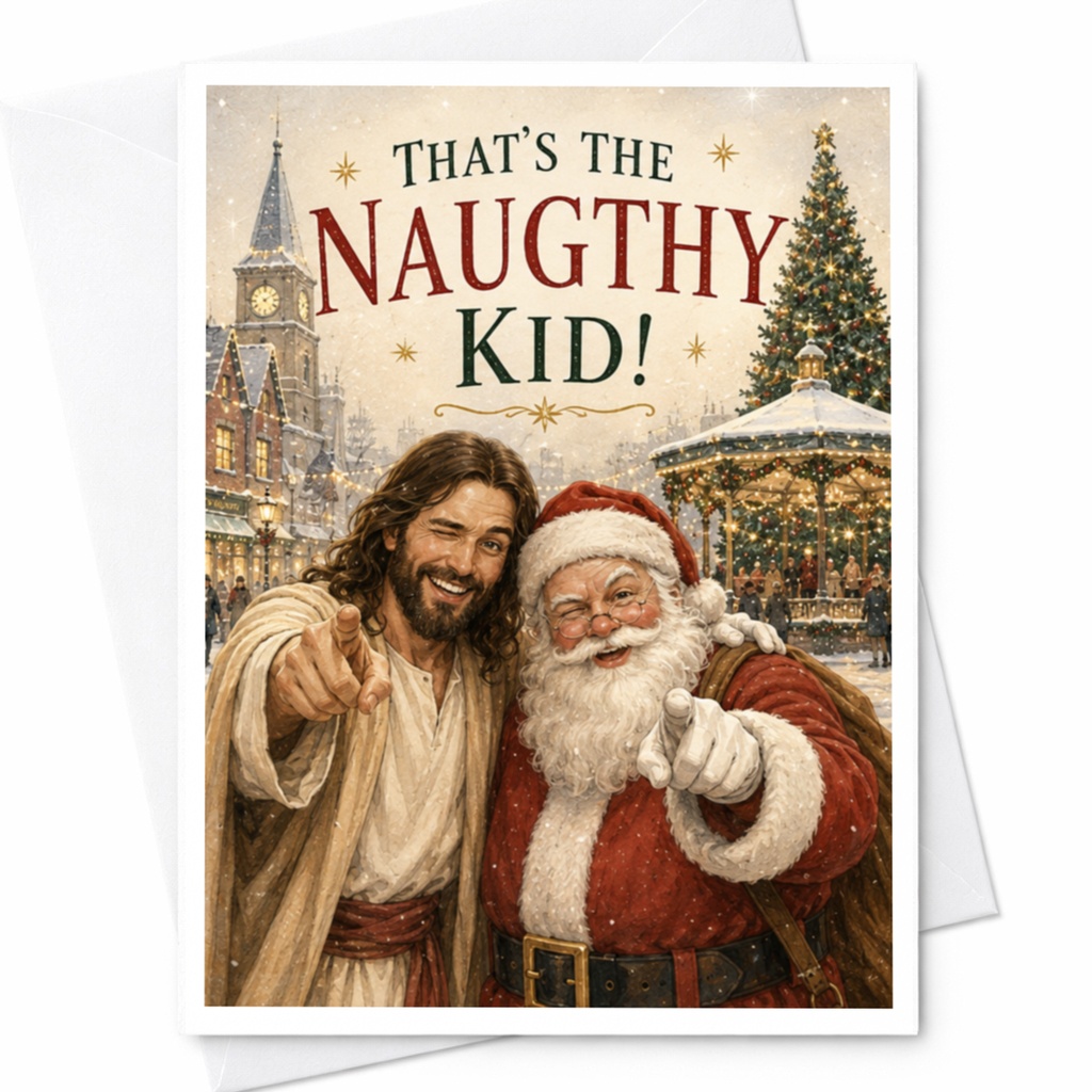 That's The Naughty Kid! Funny Christmas Card Santa And Jesus Holiday Greeting Card For Friends Family Festive Celebration C5694