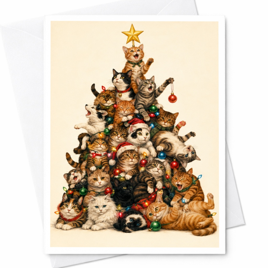 Cats Christmas Tree Card Cute Holiday Greeting Card For Cat Lover Festive Feline Christmas Card For Friends Family C5702