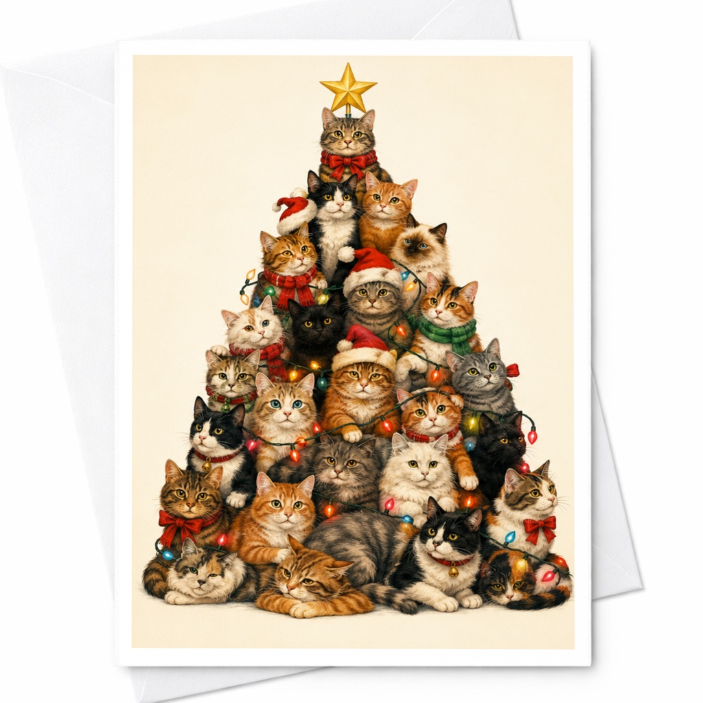 Cat Christmas Tree Card Cute Holiday Greeting Card For Cat Lovers Festive Cats In Santa Hats And Lights Christmas Card C5703