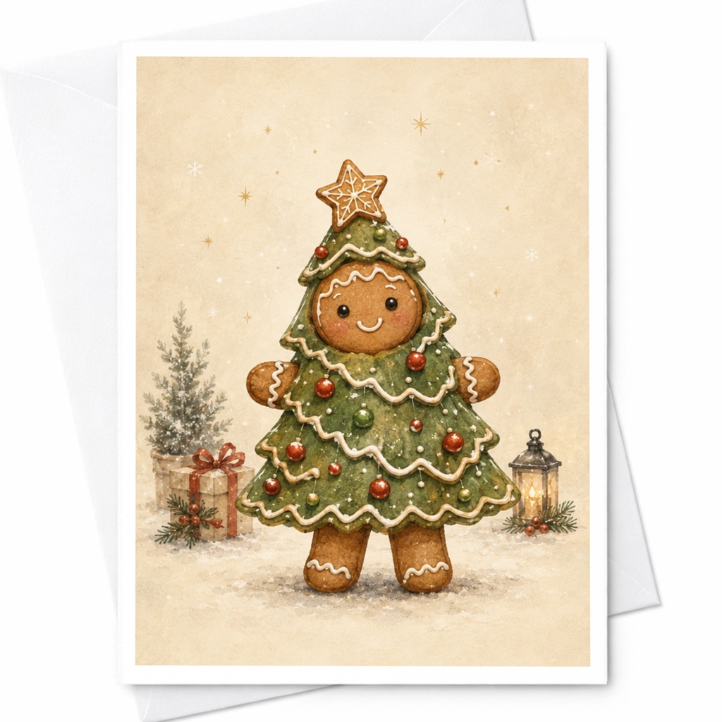 Gingerbread Christmas Tree Card Cute Holiday Greeting Card For Friend Family Festive Season Winter Scene Adorable C5639