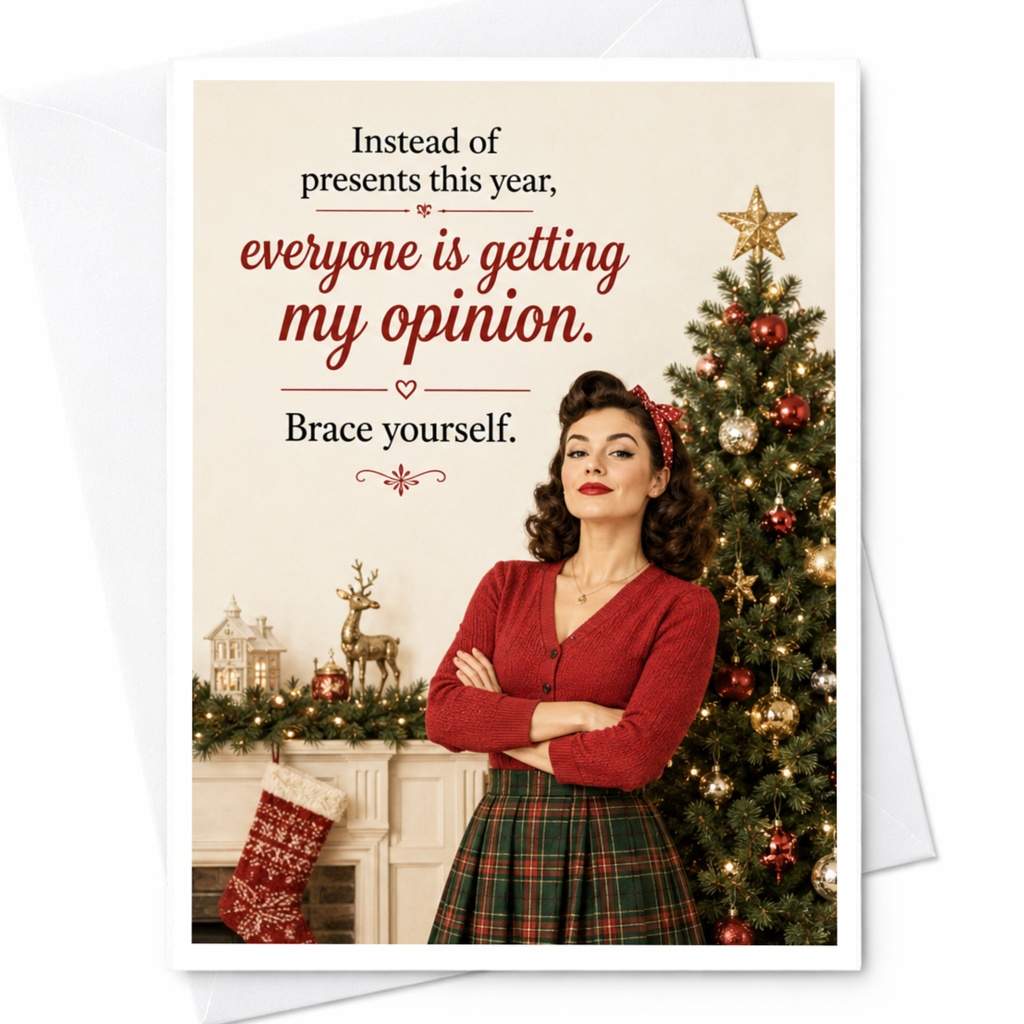 Instead Of Presents This Year Everyone Is Getting My Opinion Christmas Card Funny Holiday Greeting Card Retro Style C5641
