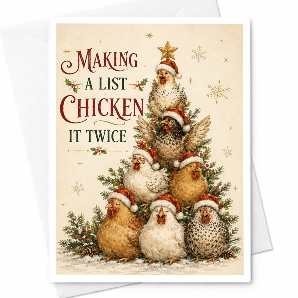 Making A List Chicken It Twice Funny Christmas Card Cute Holiday Greeting Card For Chicken Lover Farm Animal C5657