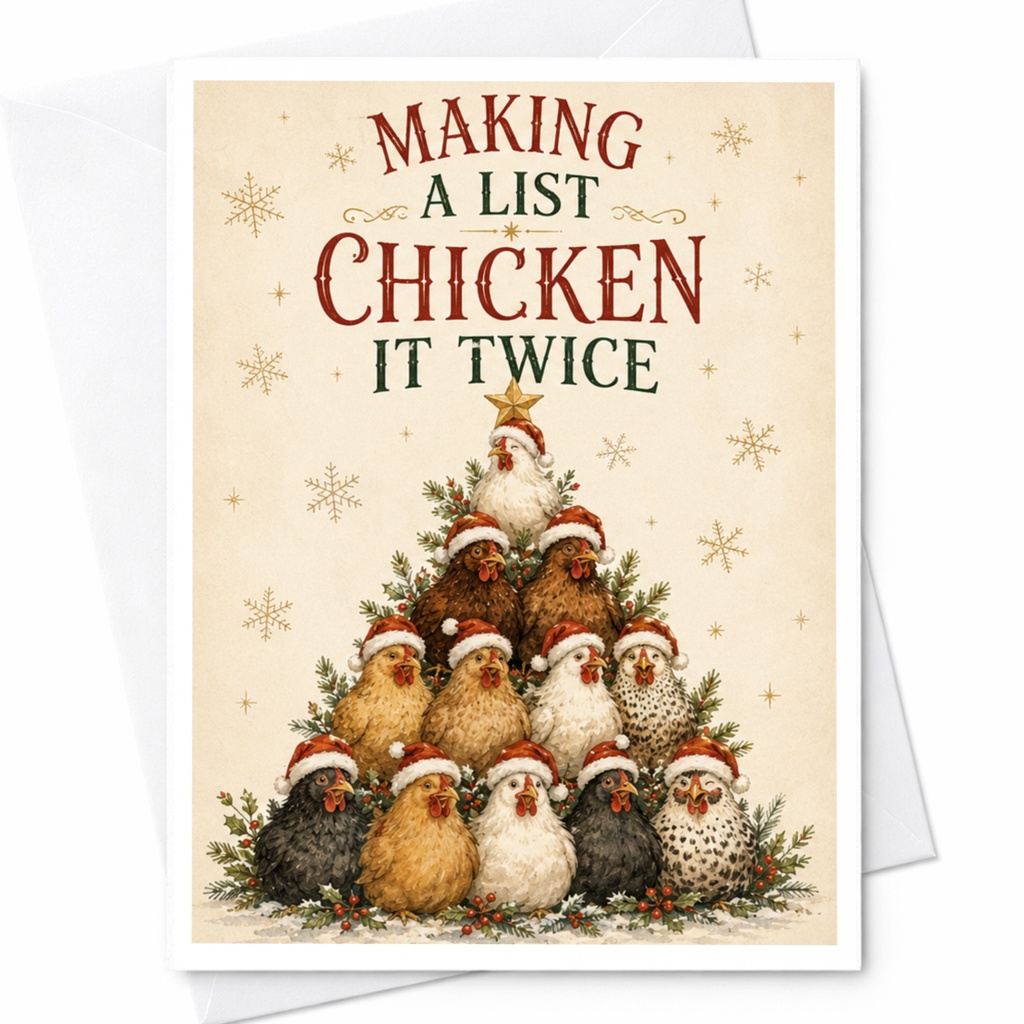 Making A List Chicken It Twice Funny Christmas Card Cute Chickens Santa Hats Holiday Greeting Card For Animal Lover C5658
