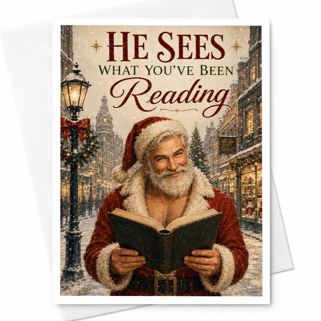 He Sees What You've Been Reading Funny Christmas Card Santa Reading Book Holiday Card For Book Lovers Festive Greeting Card C5660