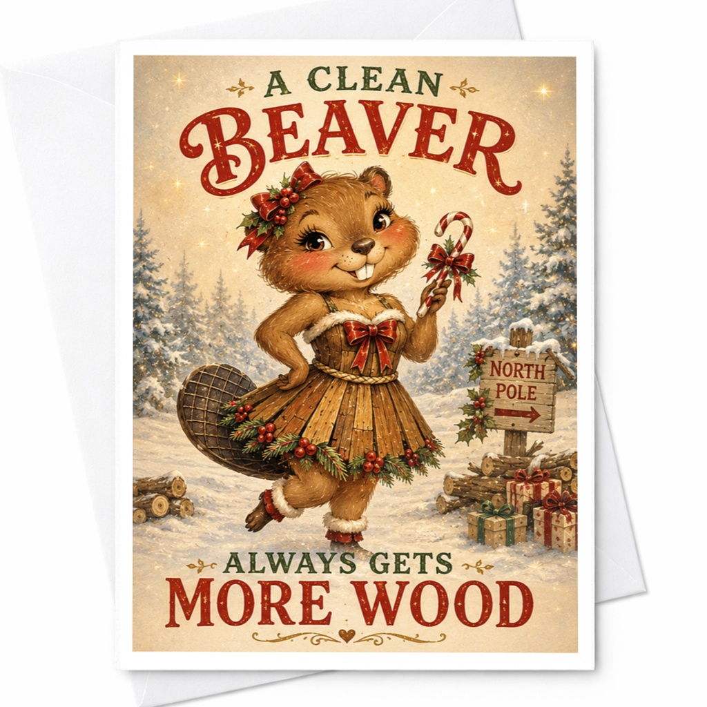 A Clean Beaver Always Gets More Wood Funny Christmas Card Cute Beaver Holiday Greeting Card For Her Festive C5661