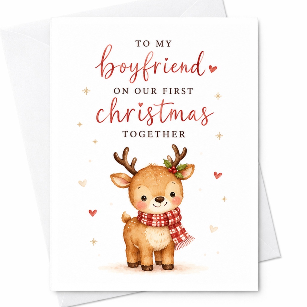 To My Boyfriend On Our First Christmas Together Cute Reindeer Christmas Card For Boyfriend Romantic Holiday Card First Christmas C5664