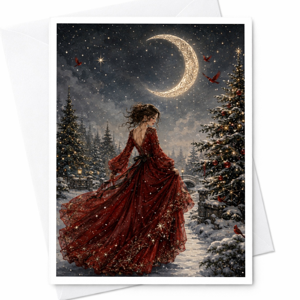 Elegant Winter Scene Christmas Card Woman In Red Dress Under Crescent Moon Holiday Greeting Card For Her Romantic Snowy Night C5665